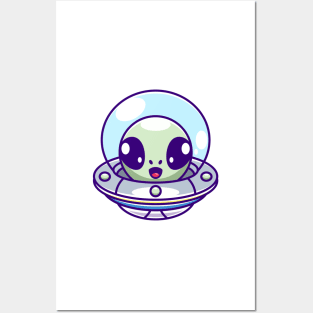 Cute alien flying with spaceship ufo cartoon Posters and Art